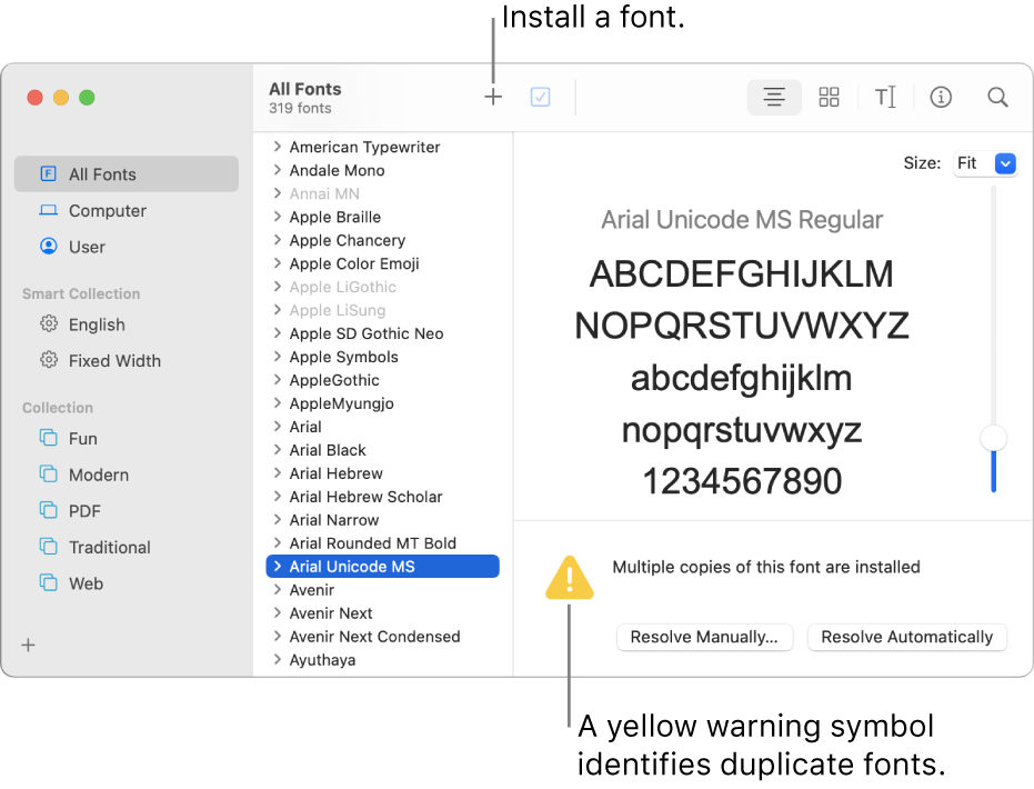 The Font Book window showing the Add button in the toolbar for adding a font and, in the lower-right corner, a yellow warning symbol identifying duplicate fonts.