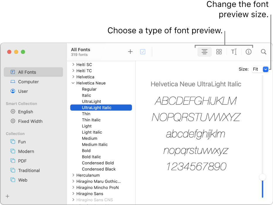 The Font Book window showing buttons in the toolbar for choosing the type of font preview, and a vertical slider at the far right for changing the preview size.