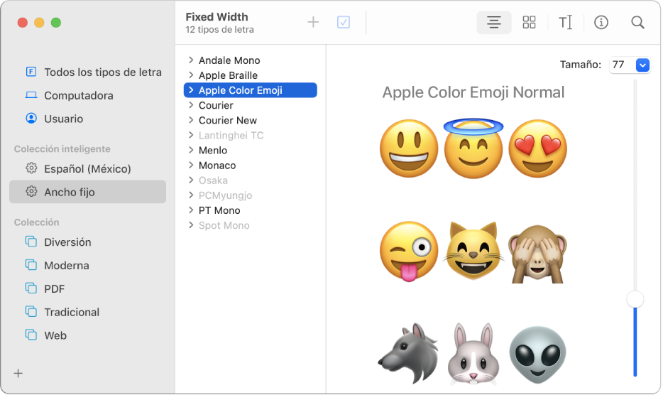 Ventana de Catálogo Tipográfico mostrando una vista previa del tipo de letra Apple Color Emoji.