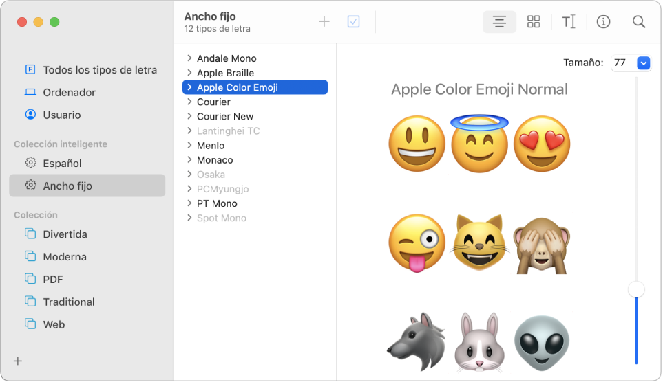 La ventana de Catálogo Tipográfico con una previsualización del tipo de letra “Apple Color Emoji”.