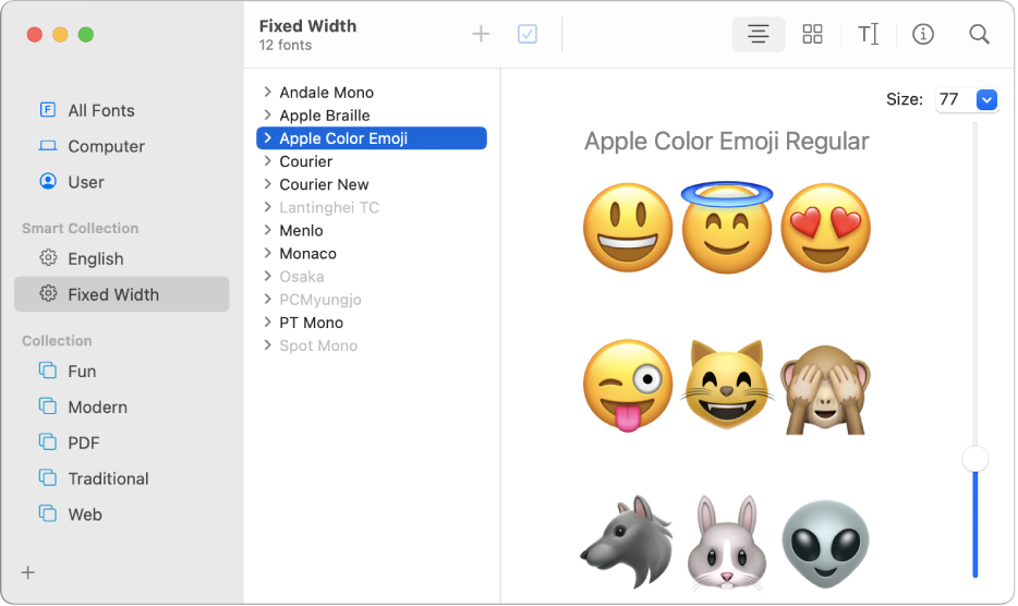 Kirjasinkirja-ikkuna, jossa näkyy Applen väriemoji-fontin esikatselu.