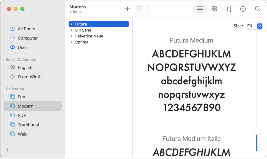 Kirjasinkirja-ikkuna, jossa näkyy Moderniin fonttikokoelmaan sisältyvät fontit.