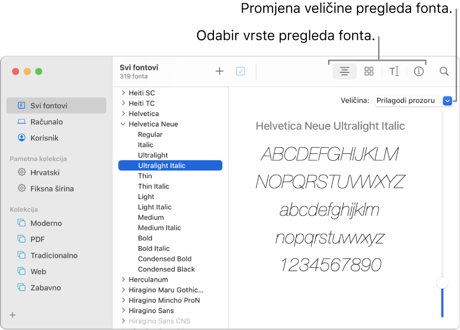 Prozor Knjige fontova koji prikazuje tipke u alatnoj traci za odabir pregleda vrste fonta i vertikalnim kliznikom na krajnjoj desnoj strani za promjenu veličine pregleda.