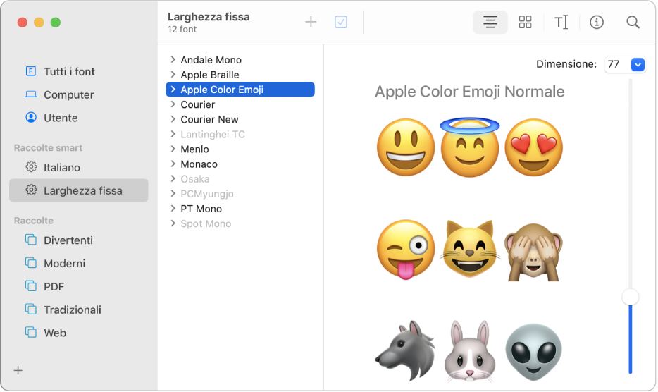 La finestra di Libro Font che mostra un'anteprima del font Apple Color Emoji.