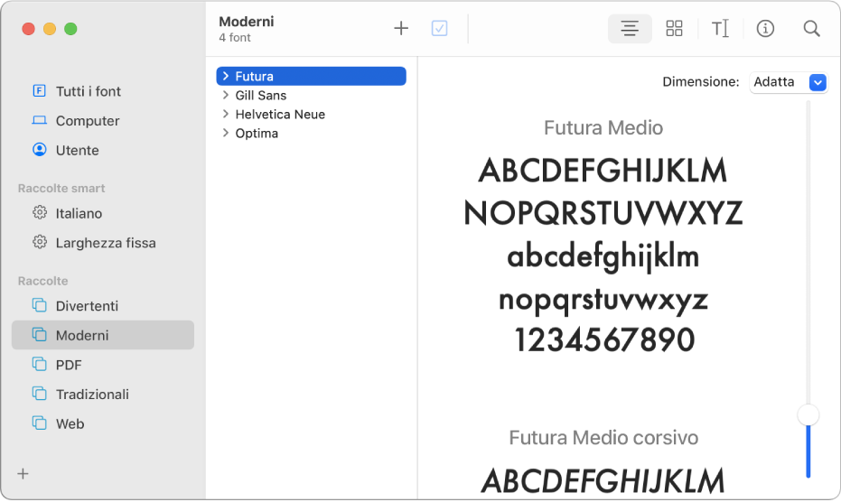 La finestra di Libro Font che mostra i font inclusi nella raccolta font Moderno.