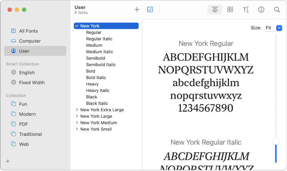 Het venster van Lettertypecatalogus met een lijst met onlangs geïnstalleerde lettertypen.