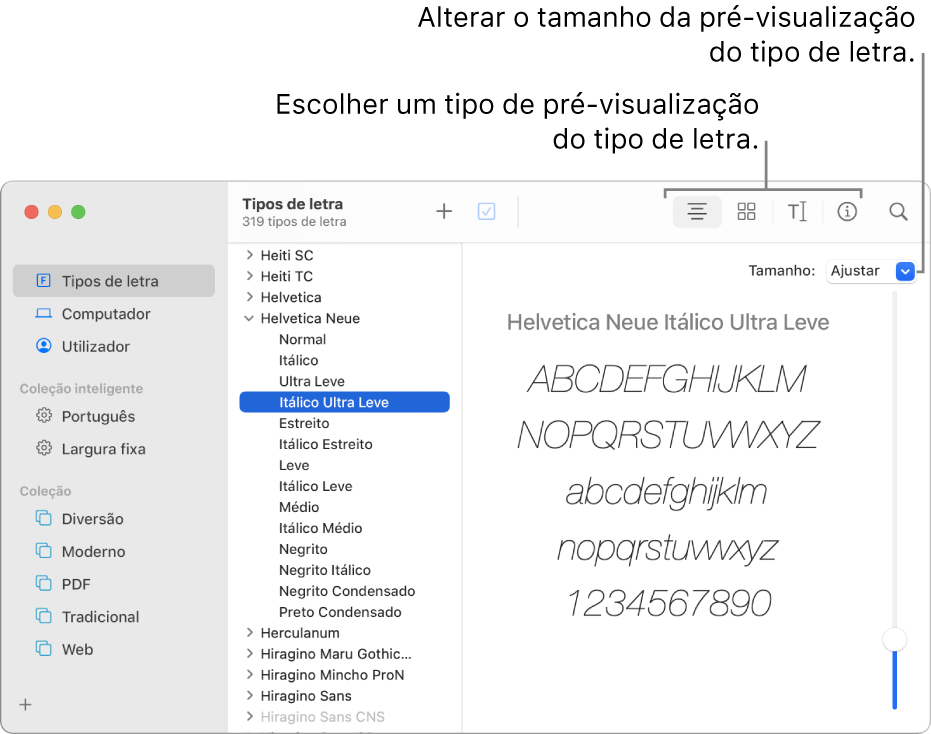 A janela do Catálogo Tipográfico a mostrar botões na barra de ferramentas para escolher o tipo de pré-visualização de tipo de letra, e um nivelador vertical na extremidade direita para alterar o tamanho da pré-visualização.