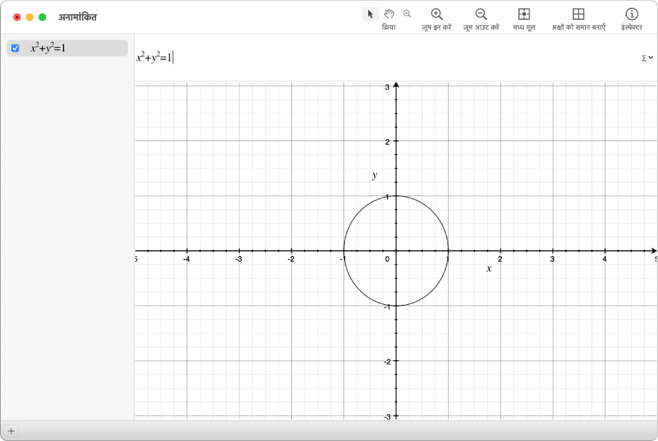 कोई समीकरण और वृत्त का ग्राफ़।