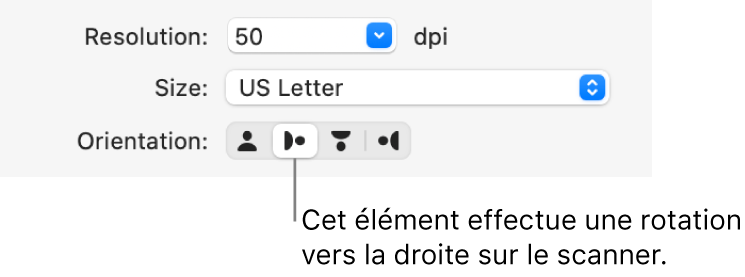 Les boutons Orientation dans la fenêtre Scanner. Un bouton en surbrillance indique qu’un élément est pivoté à droite sur le scanner.
