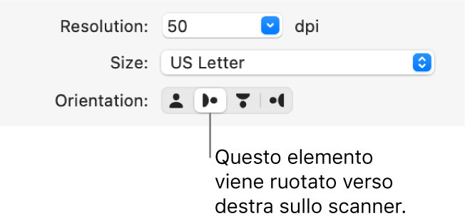 I pulsanti Orientamento nella finestra Scanner. Un pulsante evidenziato indica che un elemento viene ruotato a destra sullo scanner.