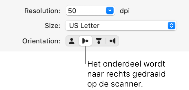 De knoppen 'Richting' in het scannervenster. Een gemarkeerde knop geeft aan dat een onderdeel naar rechts gedraaid is op de scanner.