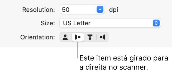 Os botões de Orientação na janela Scanner. Um botão destacado indica que um item está girado para a direita no scanner.