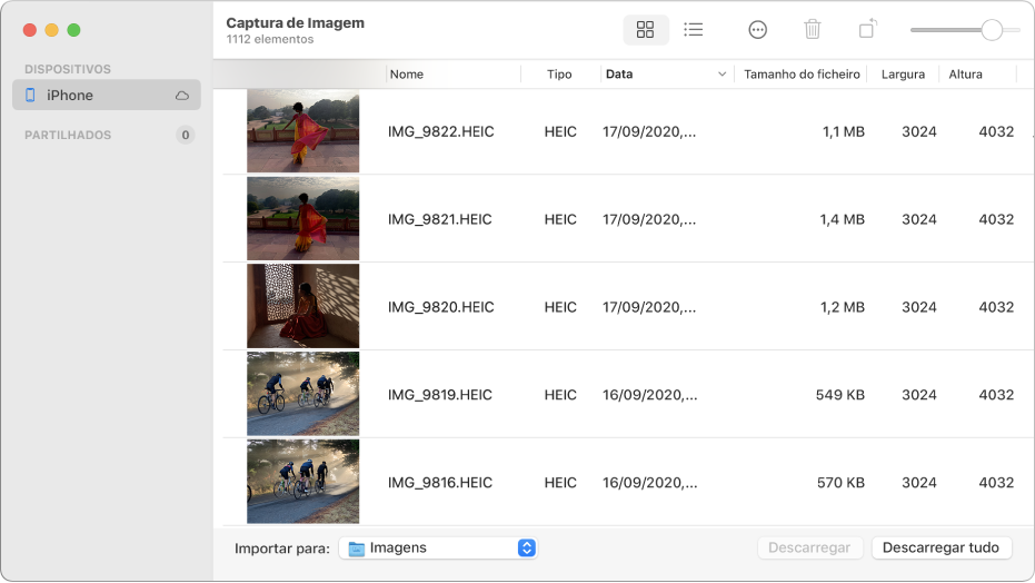 A janela da Captura de Imagem a mostrar fotografias a serem importadas de um iPhone.