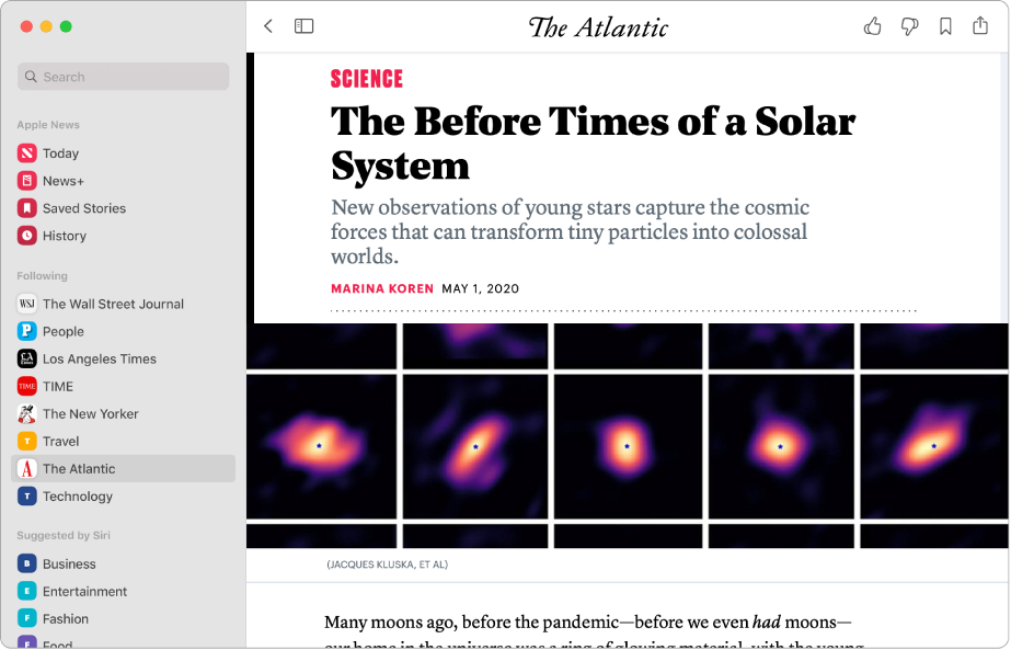The Apple News window showing a channel selected in the sidebar and a story from the channel on the right.