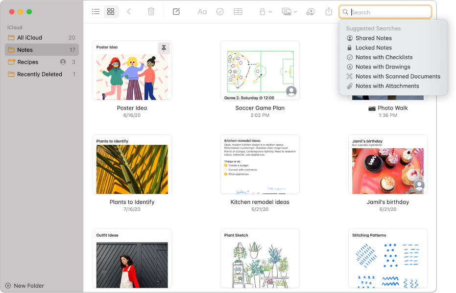 Notes in gallery view — showing the content of each in a thumbnail. Suggested searches appear in the top-right corner, such as locked notes and notes with attachments.