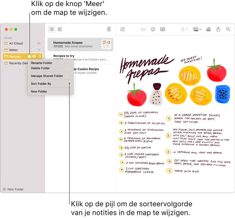 Het Notities-venster met één map in de navigatiekolom en de knop 'Meer' voor het wijzigen van een map. Boven de lijst met notities in het midden bevindt zich de sorteeroptie waarmee de volgorde van notities kan worden gewijzigd. Klik op de pijl om een andere sorteervolgorde te selecteren.