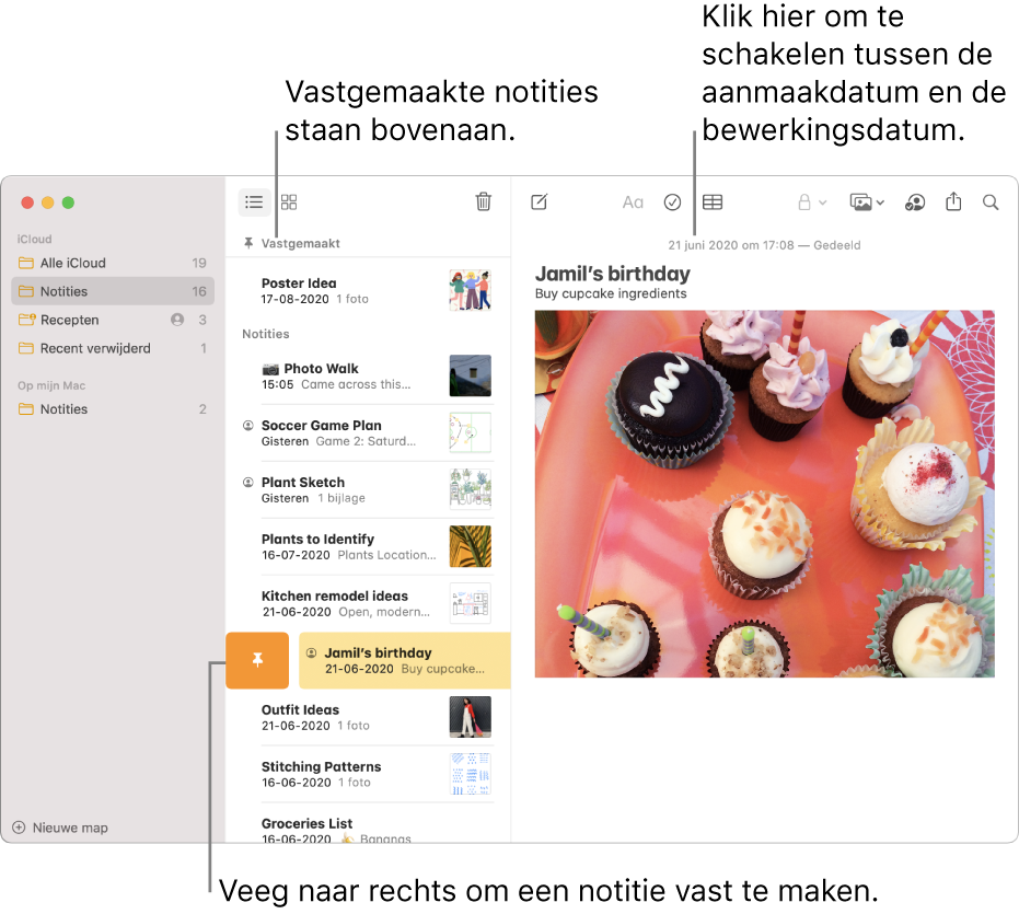 Het Notities-vensters met de lijst met notities in het midden, vastgemaakte notities boven aan de lijst en de vastmaakknop op een notitie. De inhoud van die notitie wordt aan de rechterkant weergegeven met de datum bovenaan. Klik op de datum om te wisselen tussen de aanmaakdatum en de bewerkingsdatum.