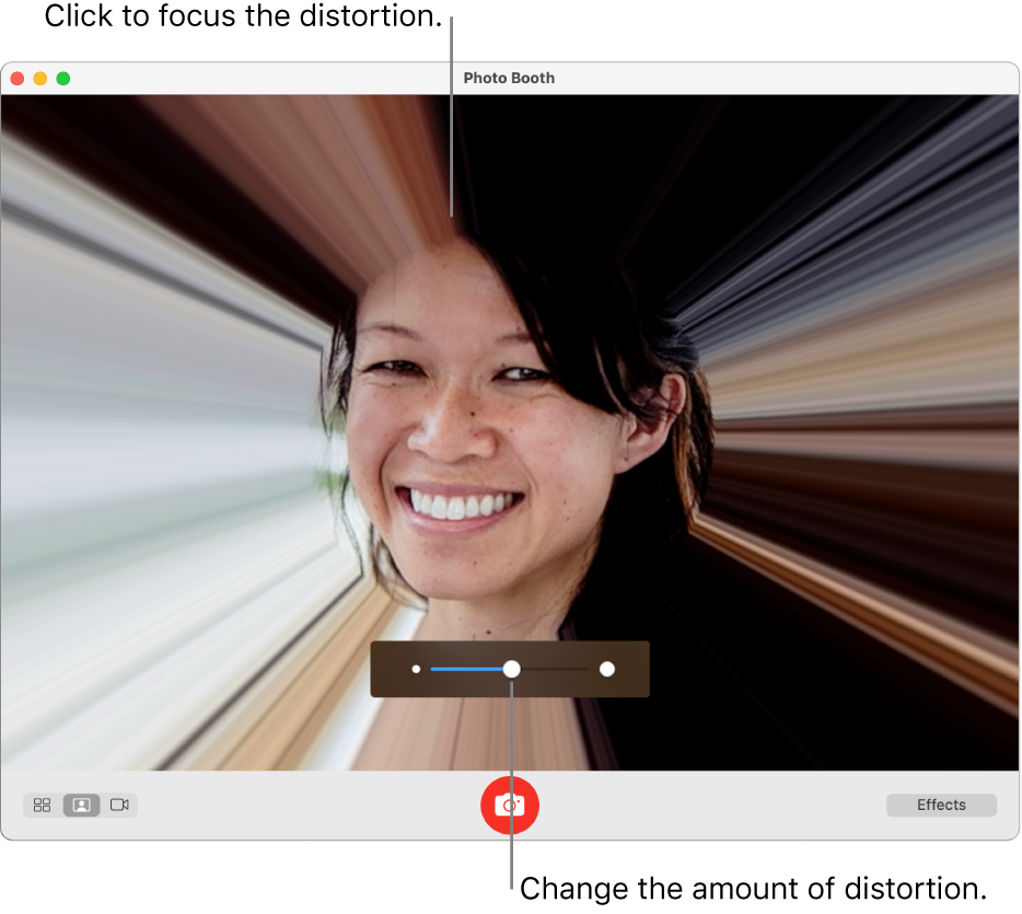 The Photo Booth window showing a preview of the distortion effect and the slider to adjust distortion effect.
