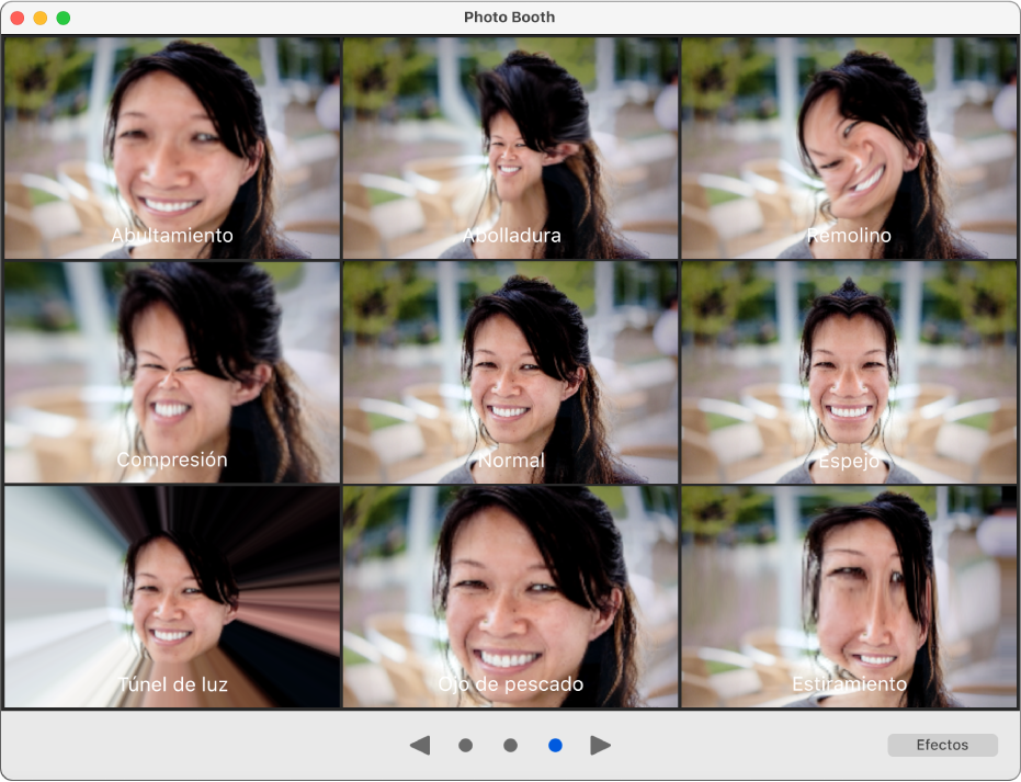 Ventana de Photo Booth mostrando los efectos que puedes elegir, como Estiramiento, y los botones del navegador en la parte inferior de la ventana. El botón Efectos aparece en el área inferior derecha de la pantalla.