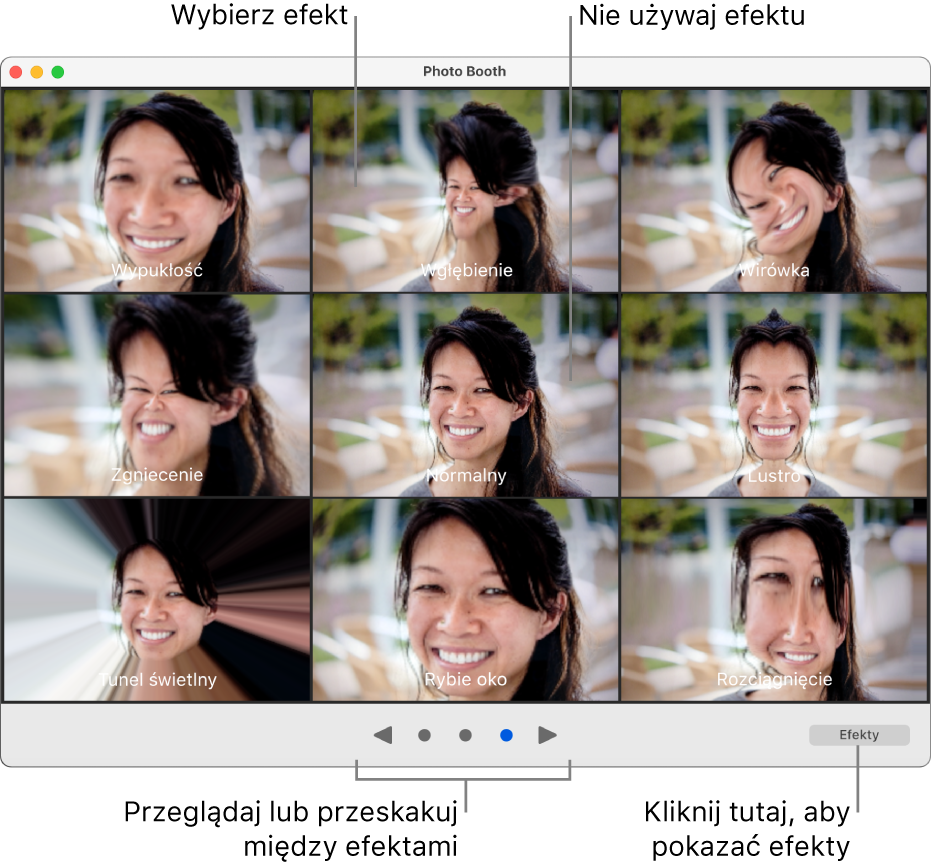 Okno aplikacji Photo Booth zawierające stronę efektów, takich jak Lustro, oraz przyciski na dole po środku okna. Przycisk Efekty pojawia się w prawej dolnej części okna.