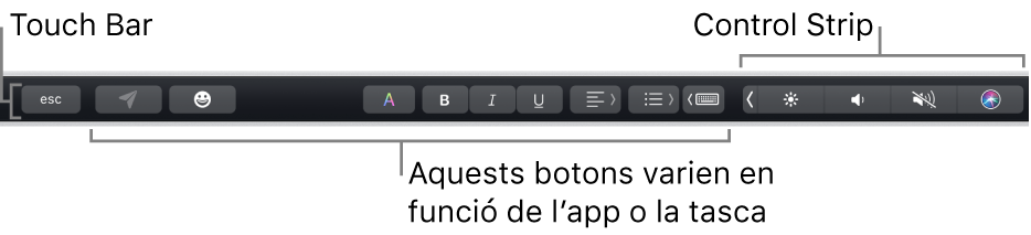 La Touch Bar, situada a la part superior del teclat, que mostra la Control Strip contreta, a la dreta, i botons que varien segons l'aplicació o la tasca.