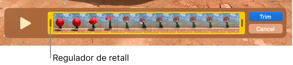 Un clip a la finestra del QuickTime Player, amb una part del clip delimitada per marcadors grocs i la resta del clip situada fora dels marcadors grocs. El botó Escurçar i el botó Cancel·lar estan situats a la dreta.