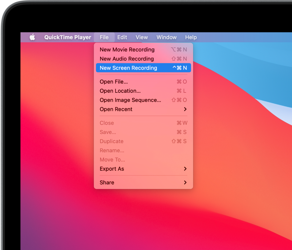 En la app QuickTime Player, el menú Archivo está abierto y el comando "Nueva grabación de pantalla" se está seleccionando para comenzar a grabar la pantalla.