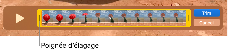 Un plan dans la fenêtre QuickTime Player, montrant une partie du plan entre les poignées jaunes, et le reste en dehors. Le bouton Élaguer et le bouton Annuler sont à droite.