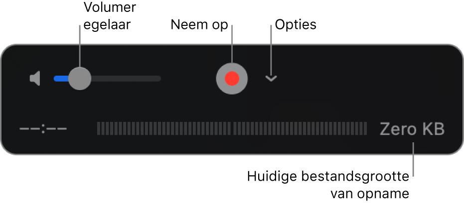 De opnameregelaars, met de volumeregelaar, de opnameknop en het venstermenu 'Opties'.