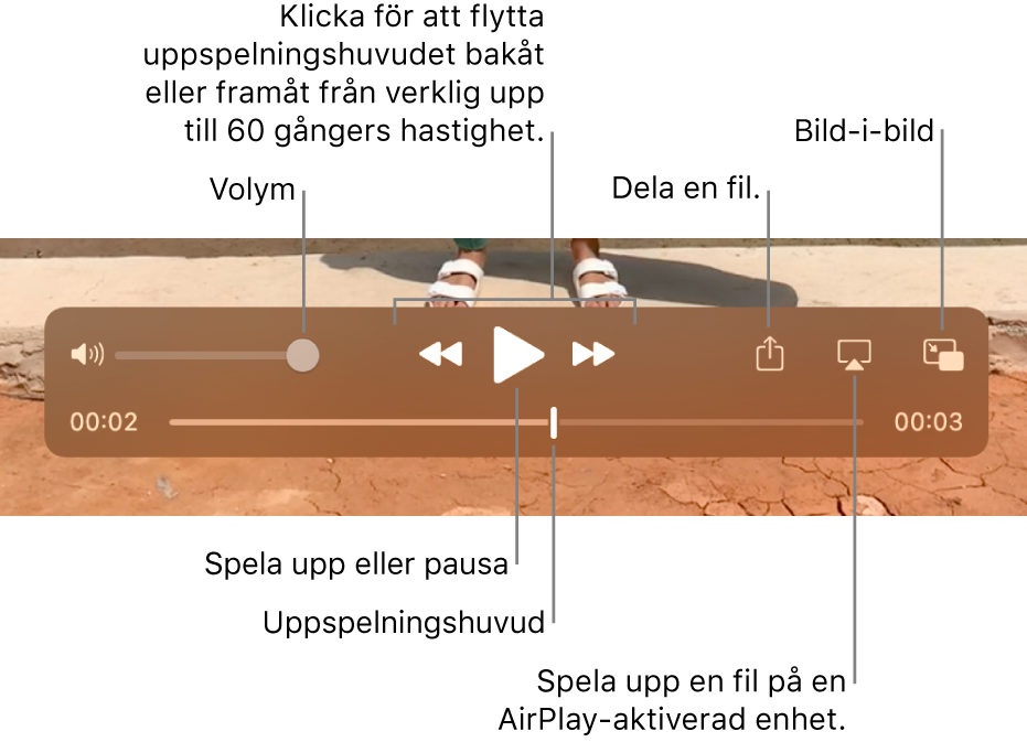 Reglage för volym, spola bakåt, spela upp, spola framåt och delning.