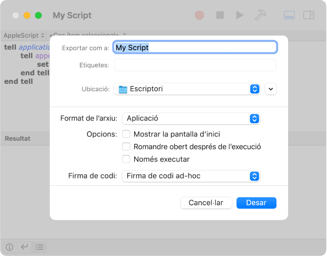 El quadre de diàleg Exportar, que mostra el menú desplegable “Format de l’arxiu” amb l‘opció Aplicació seleccionada i les opcions que pots especificar quan desis l‘script.