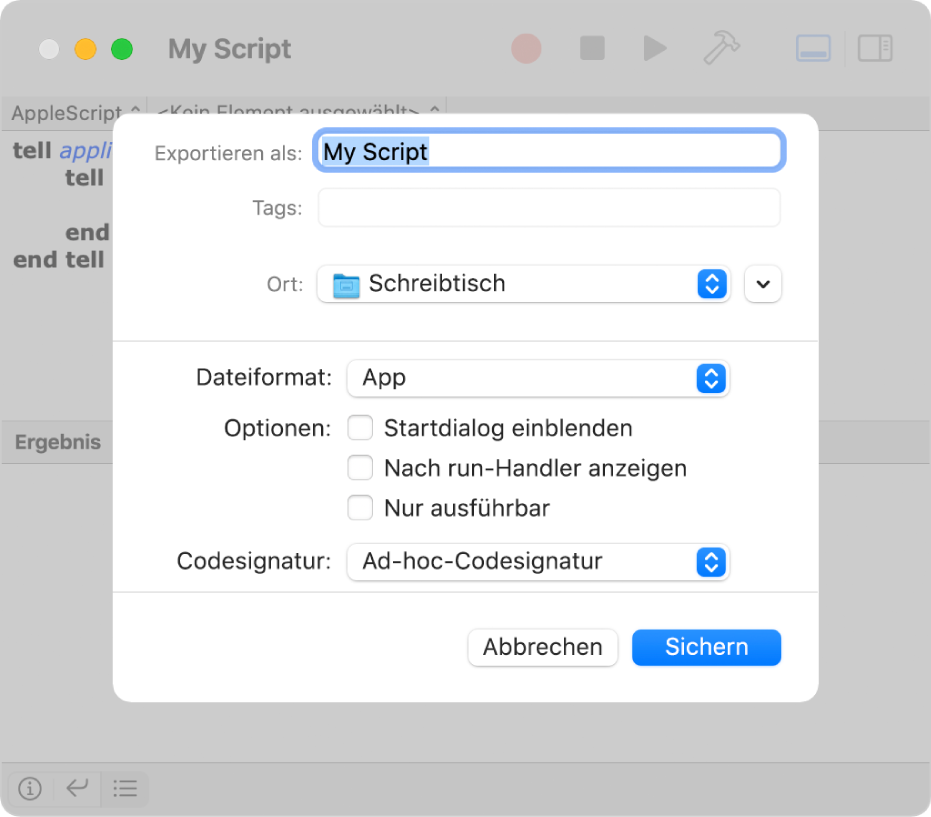 Das Dialogfenster „Exportieren mit dem Einblendmenü „Dateiformat“ und ausgewählter Option „Programm“ sowie den Optionen, die du zum Sichern deines Skripts festlegen kannst