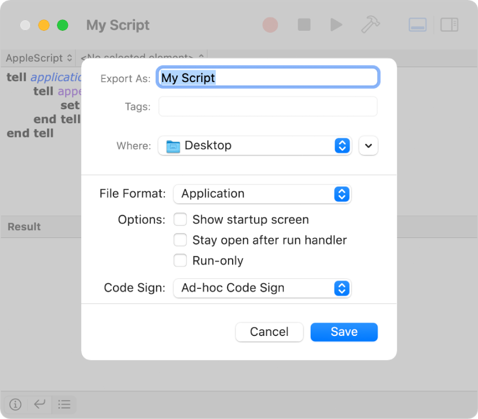 The Export dialogue showing the File Format pop-up menu with Application selected and the options you can set when saving your script.