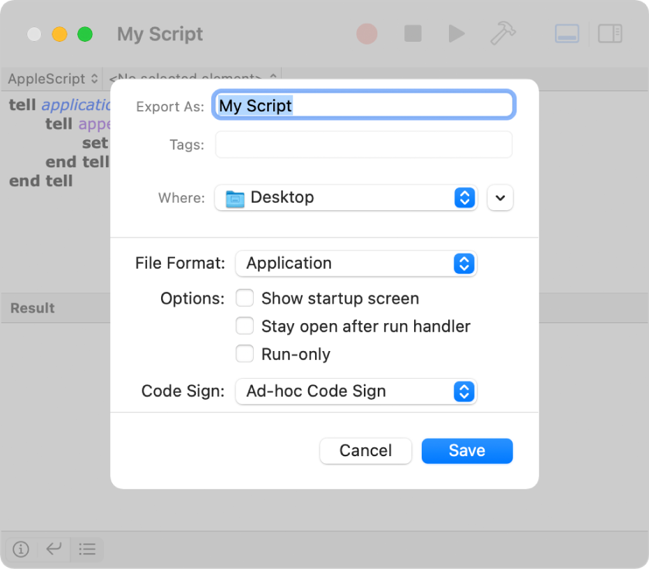 The Export dialog showing the File Format pop-up menu with Application selected and the options you can set when saving your script.