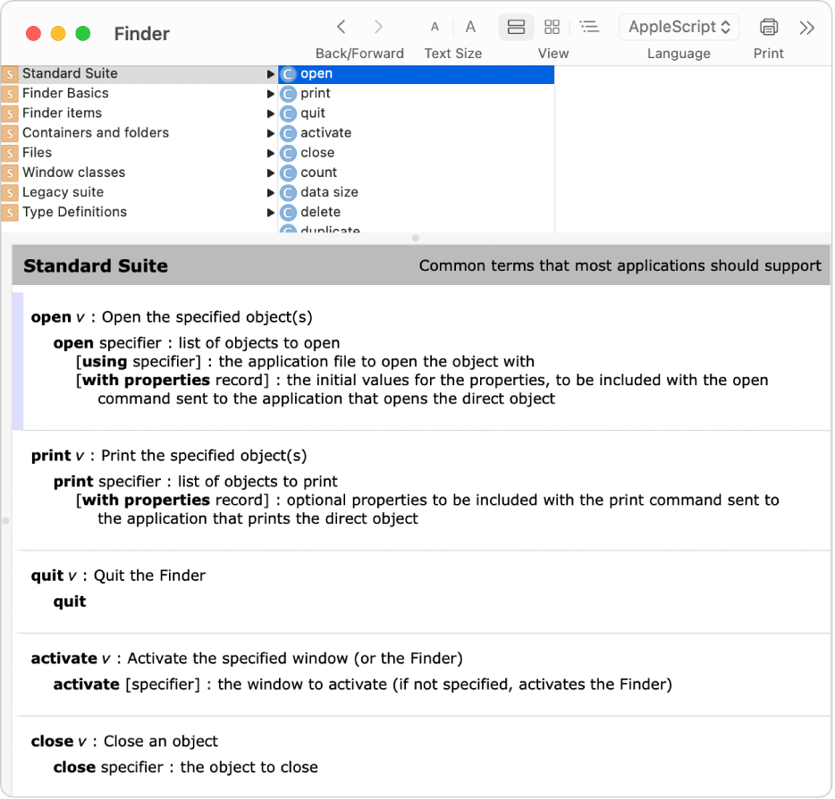 The AppleScript dictionary for the Finder.