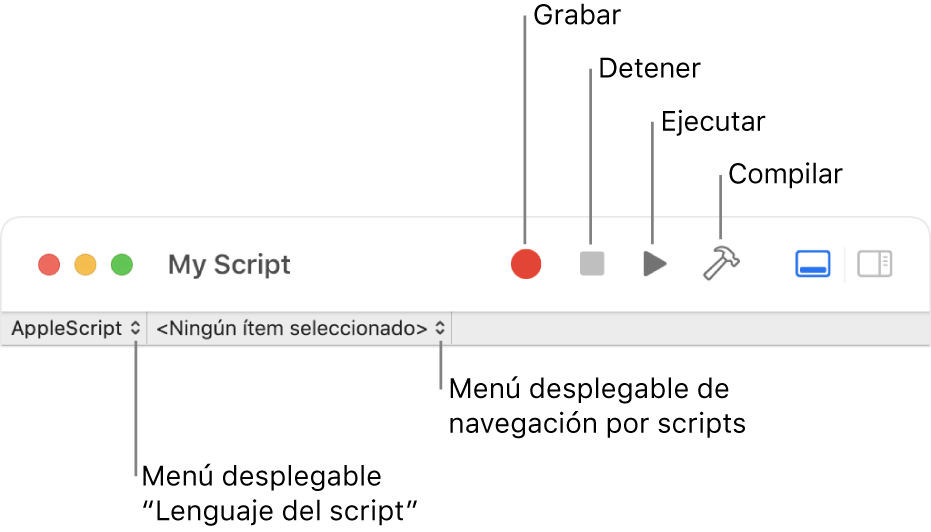 La barra de herramientas de Editor de Scripts.