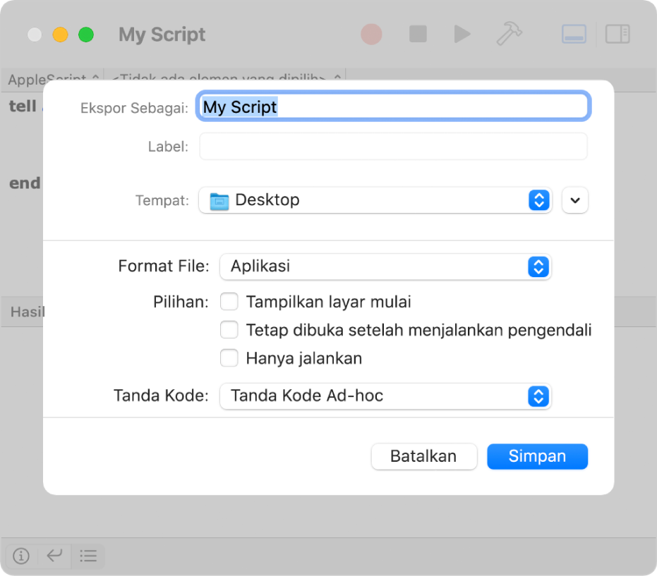 Dialog Ekspor menampilkan menu pop-up Format File dengan Aplikasi dipilih dan pilihan yang dapat Anda atur saat menyimpan skrip Anda.