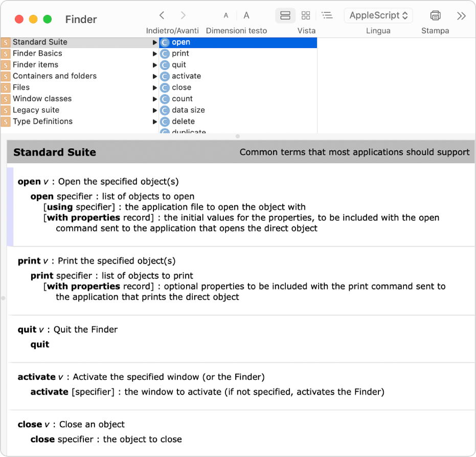 Il dizionario AppleScript per il Finder.