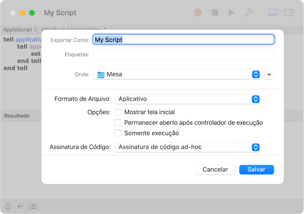 Diálogo de Exportação mostrando o menu local “Formato de Arquivo”, com Aplicativo selecionado e outras opções que podem ser definidas ao salvar o script.
