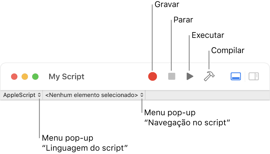 A barra de ferramentas do Editor de Scripts a mostrar os controlos para gravar, parar, executar, compilar, de linguagem de scripting e navegação.