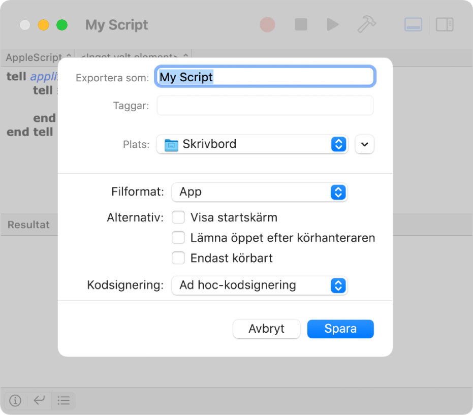 Dialogrutan Exportera med popupmenyn Filformat. App är vald och de alternativ som du kan ställa in när du sparar ditt skript visas.