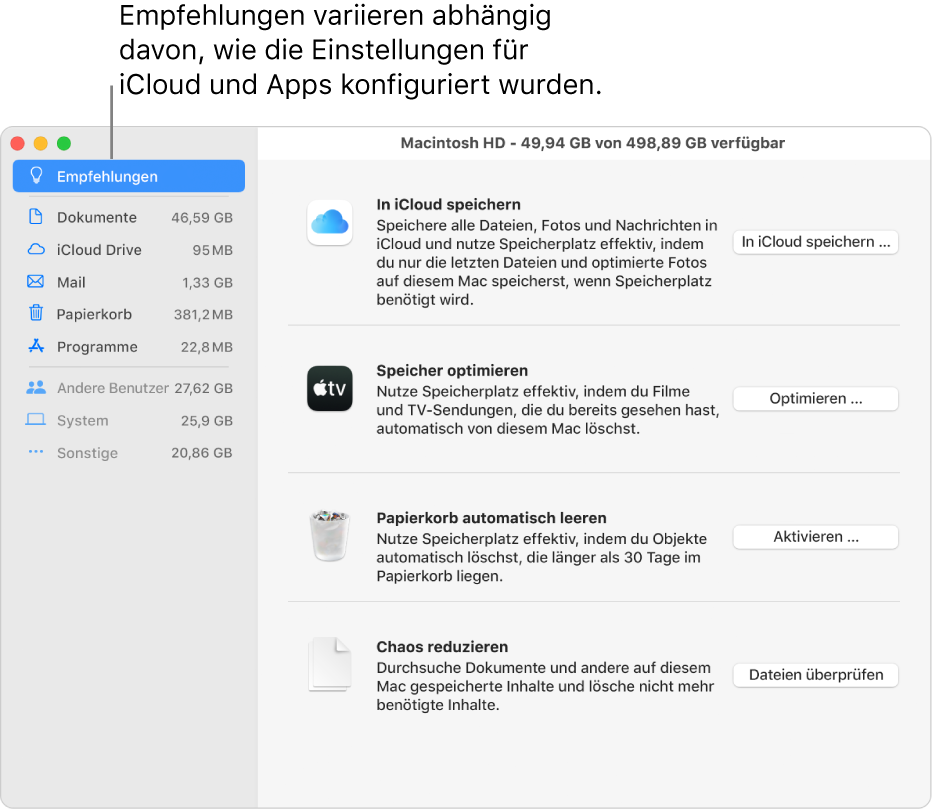 Empfehlungen zur Speicheroptimierung im Bereich „Festplatten“