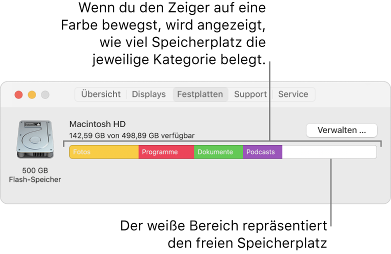 Wenn du den Zeiger auf eine Farbe bewegst, wird angezeigt, wie viel Speicherplatz die jeweilige Kategorie belegt. Der weiße Bereich repräsentiert den freien Speicherplatz.