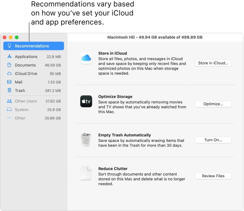 Optimise storage recommendations in the Storage pane.