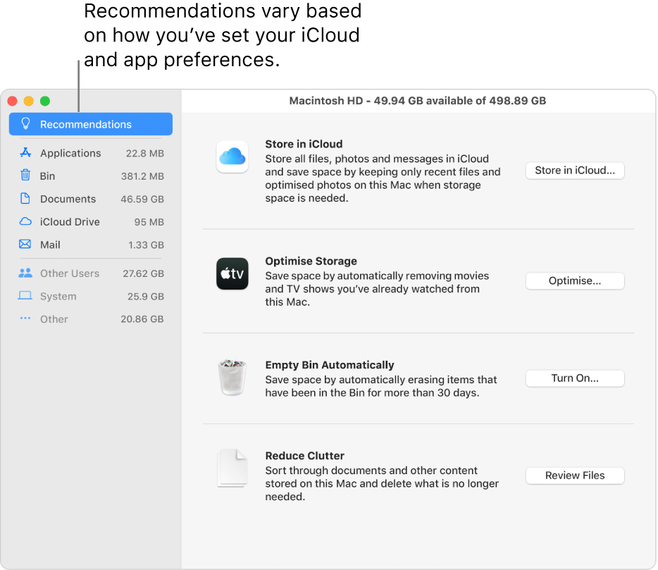 Optimise storage recommendations in the Storage pane.