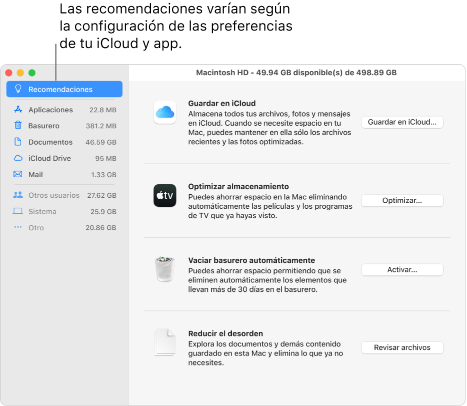 Recomendaciones de optimizado de almacenamiento en el panel Almacenamiento.