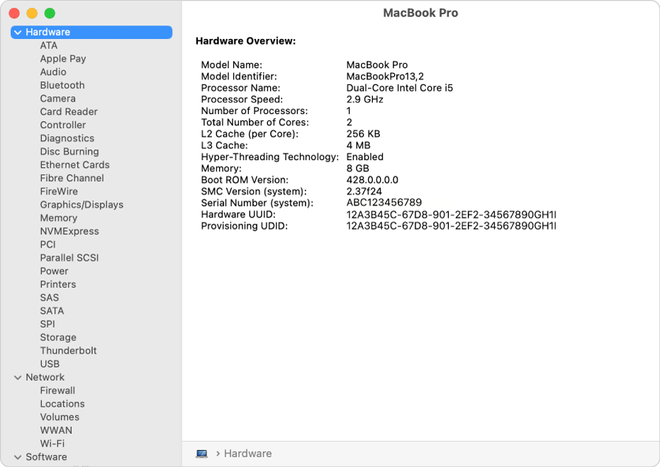 La sección de especificaciones de hardware de un reporte del sistema.