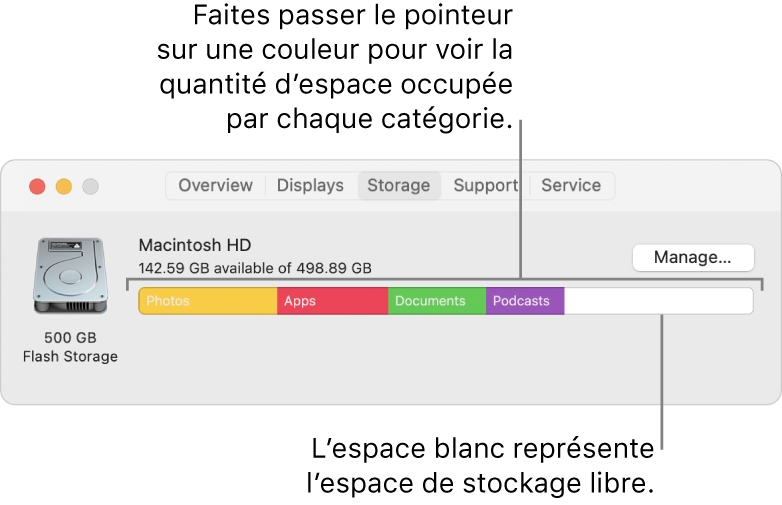 Déplacez le pointeur sur une couleur pour voir la quantité d’espace que chaque catégorie utilise. L’espace blanc représente l’espace de stockage disponible.