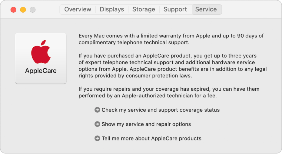 La sous-fenêtre Service d’Informations système, affichant les options de service AppleCare.