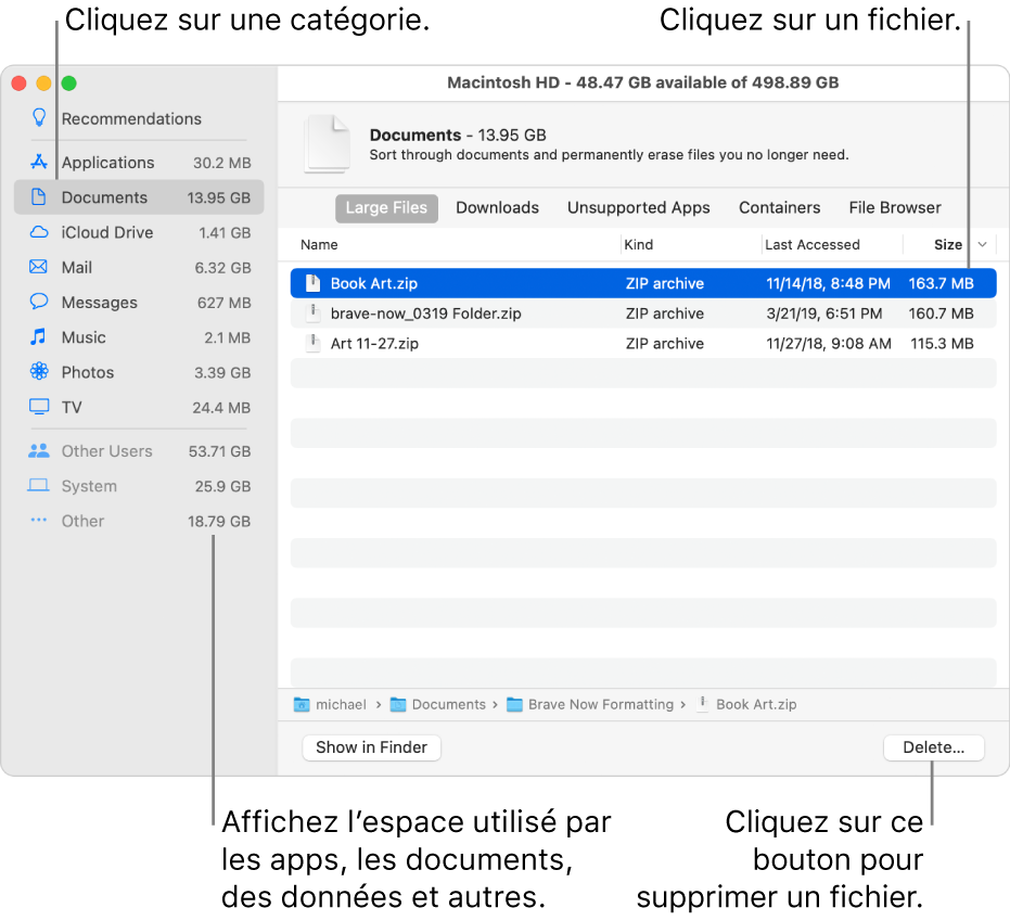 Triez les catégories de fichier pour afficher l’espace utilisé, pour rechercher des fichiers et pour supprimer les fichiers dont vous n’avez plus besoin.